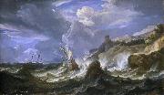 Pieter Meulener A ship wrecked in a storm off a rocky coast oil painting